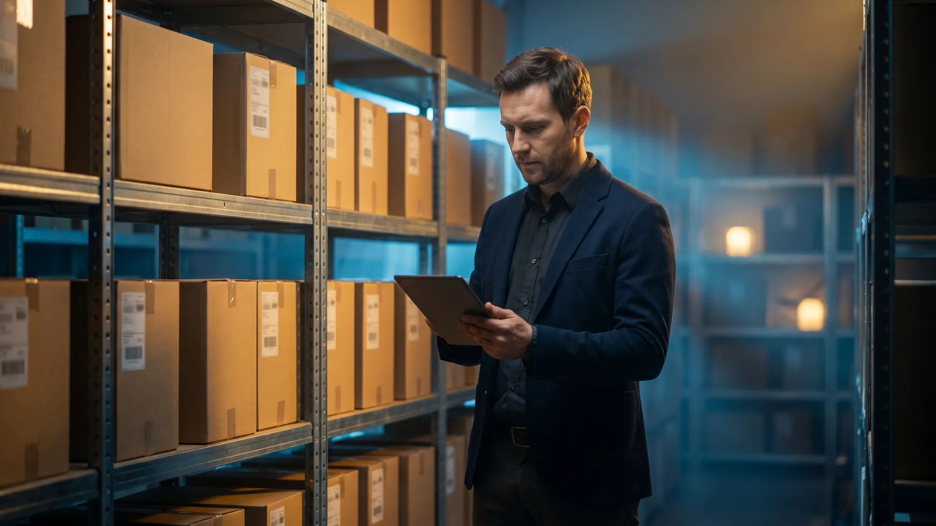 E-commerçant européen vérifiant ses coûts produit et logistique dans un entrepôt pour calculer sa marge de contribution