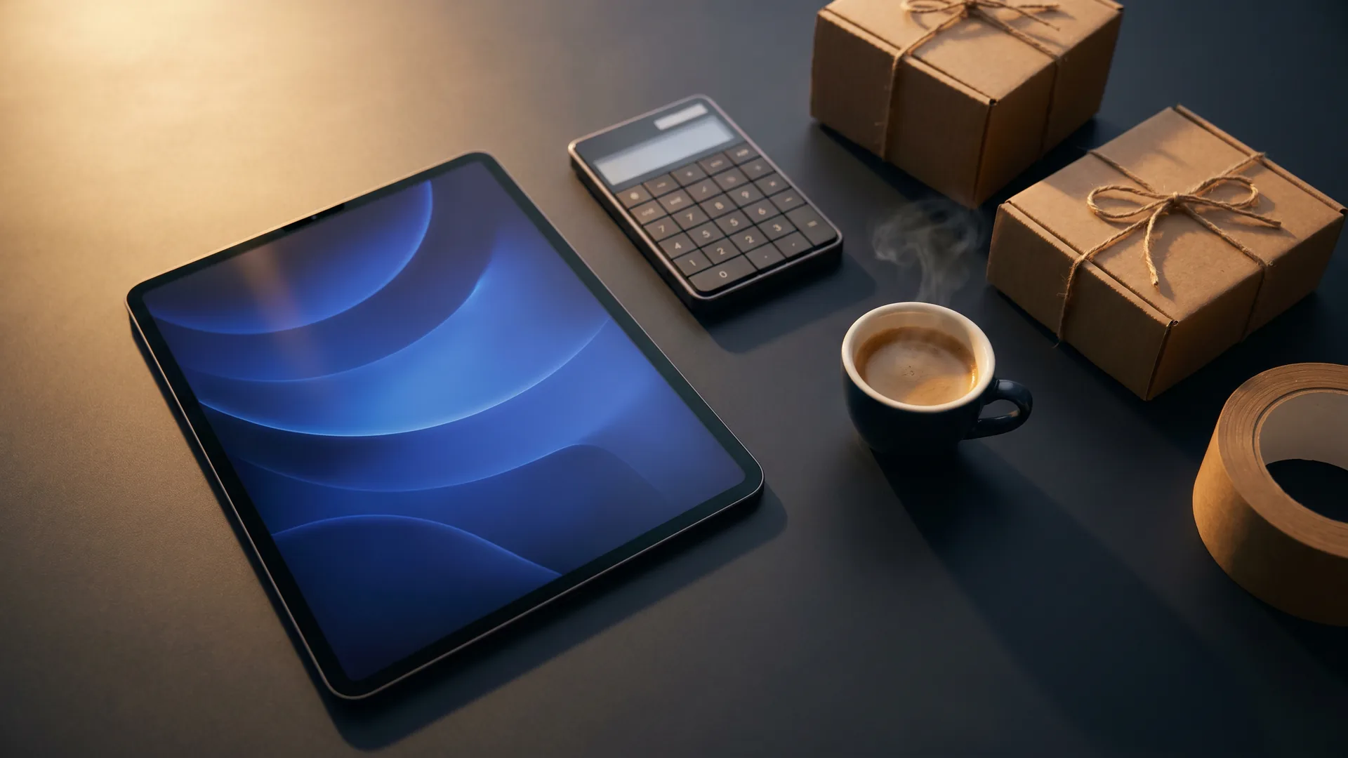 Calcul quotidien de la marge de contribution : tablette, calculatrice, café et colis sur un bureau