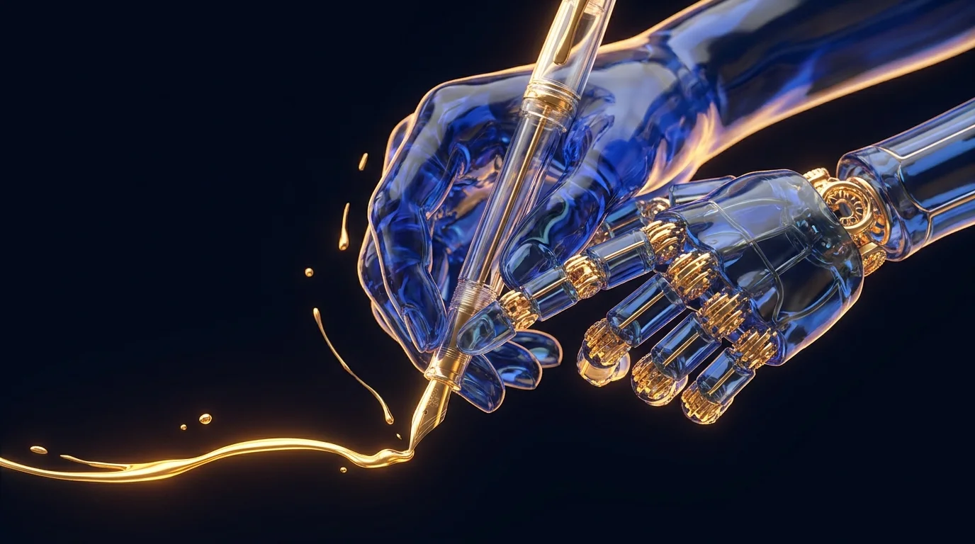 Une main humaine de verre qui guide une main robotique, ensemble elles ecrivent une ligne d'or