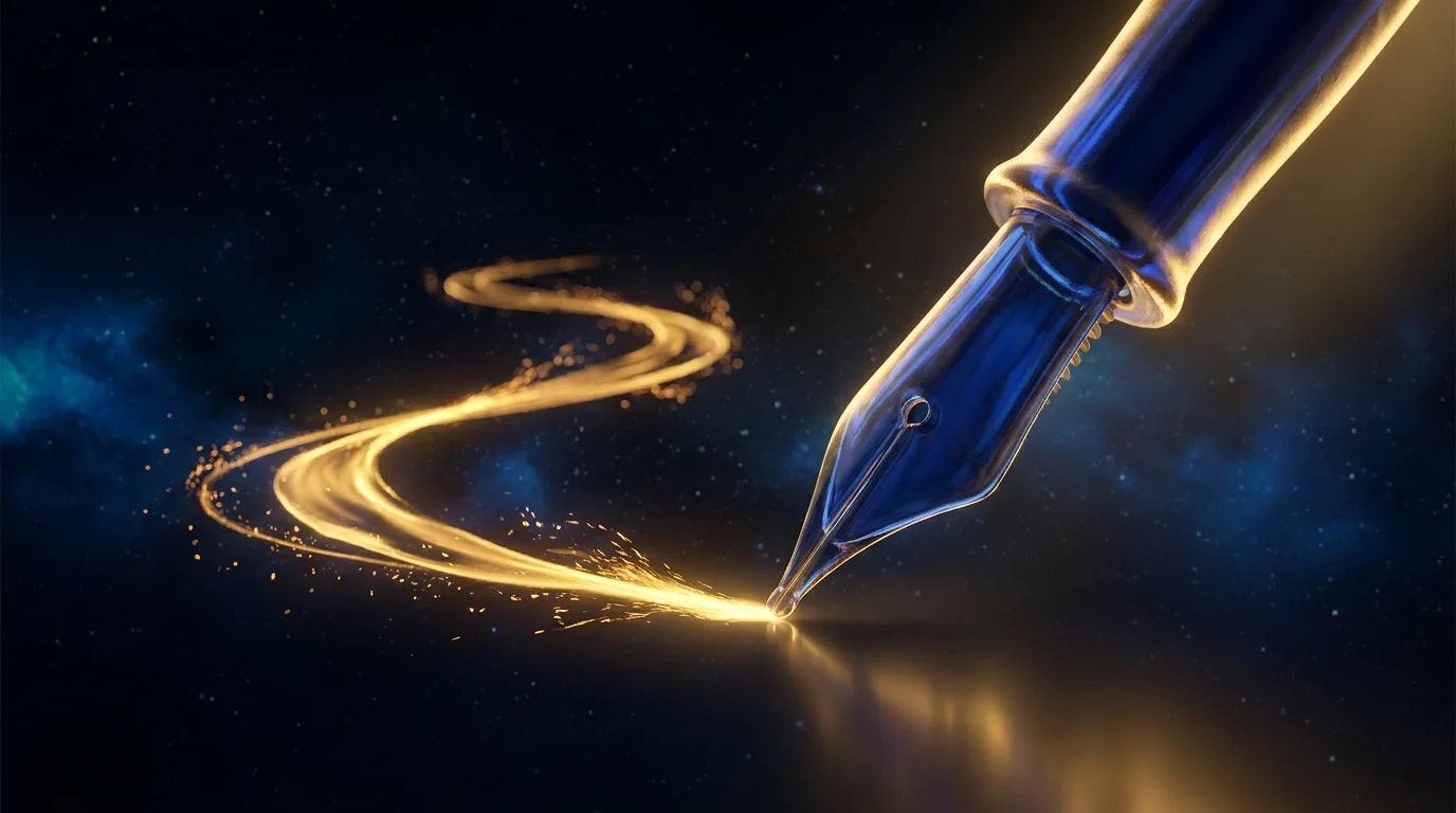 Une plume de verre cobalt qui ecrit des mots d'or : le copywriting qui fait vendre