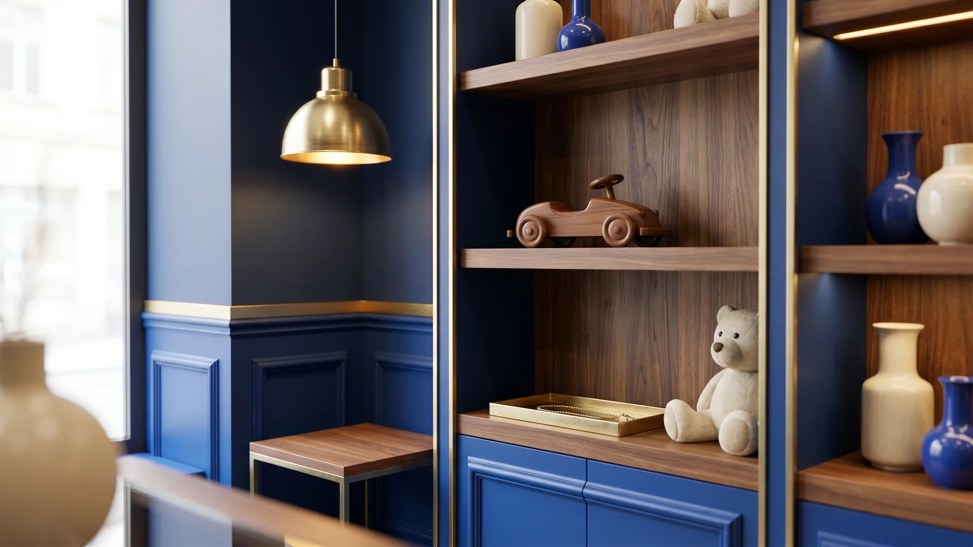 Sélection de produits sourcés en Europe : luminaire en laiton, jouet en bois, plateau de bijoux en or, vases